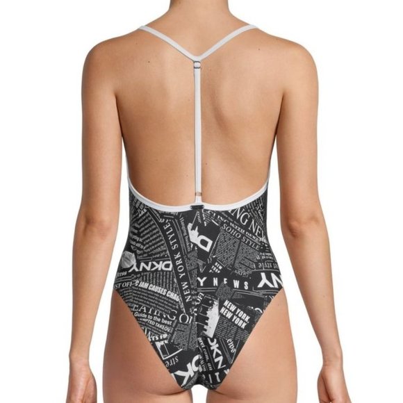 DKNY Graphic T-Back One-Piece Swimsuit Newsprint - Picture 10 of 10